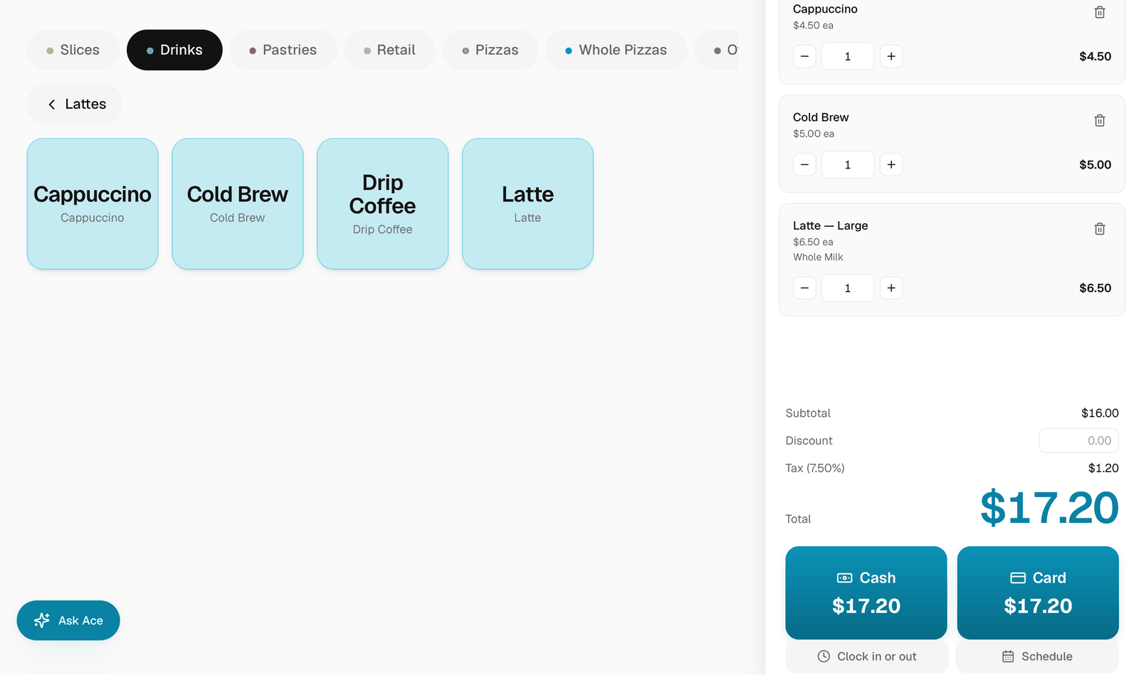 OwnPoint register on an iPad showing a café sale in progress